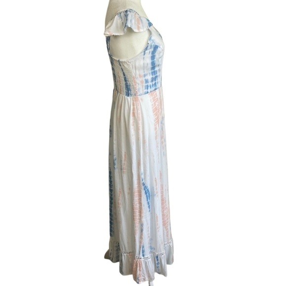 JAPNA Tie Dye Smocked Crochet Maxi Dress Ruffled Cap Sleeves White/Blue/Pink M - Picture 6 of 15